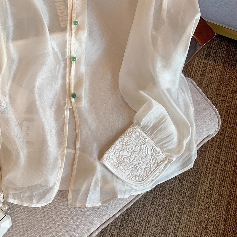 Nowa chińska bluzka z haftem, europejski tiul, damska, wiosenno-jesienna, luksusowa, retro, lekka, luźna, zapinana na guziki, długa bluzka.