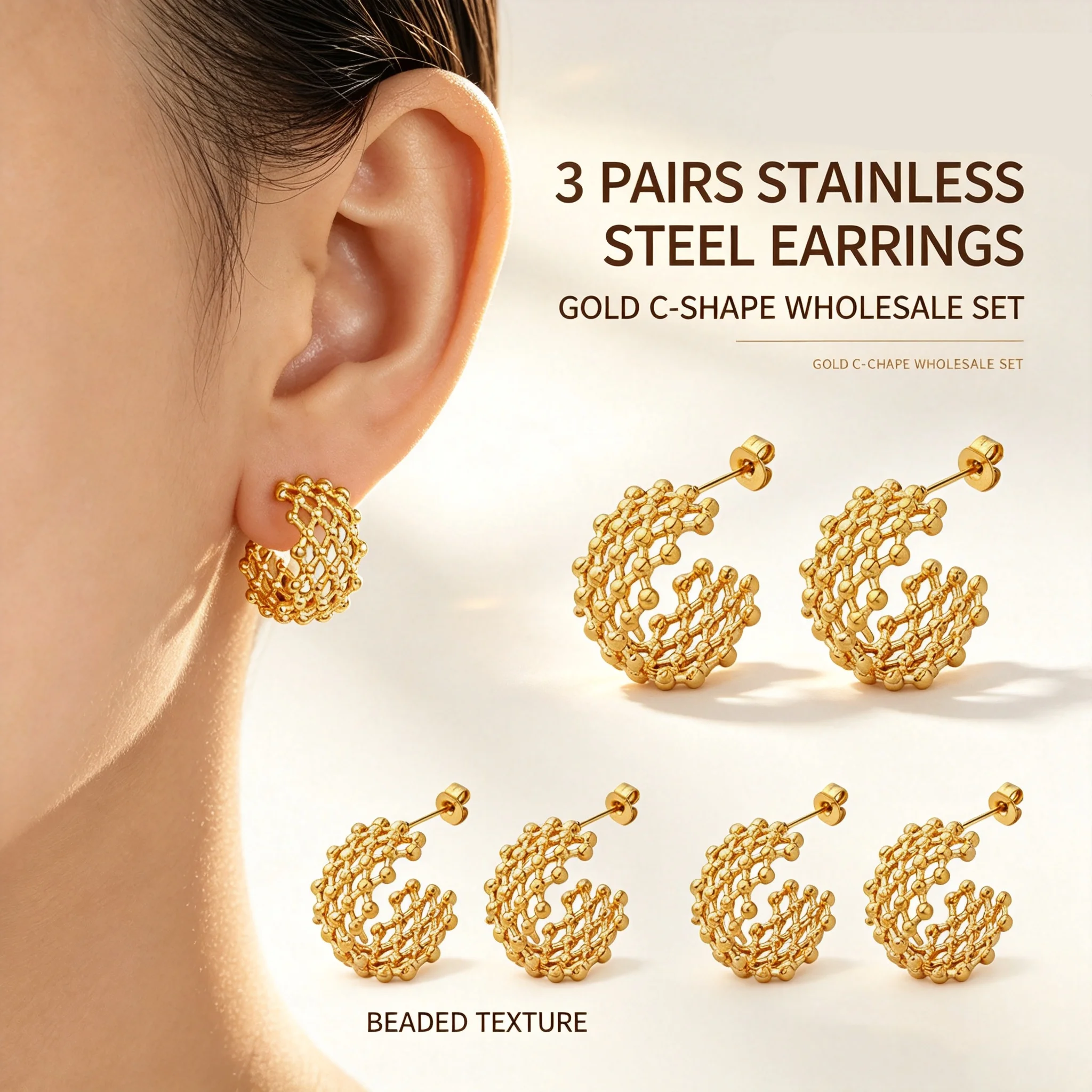 Wholesale 3 Pairs Stainless Steel Hollow Beaded C‑Shaped Hoop Earrings Gold Plated Mesh Ear Jewelry Set For Women