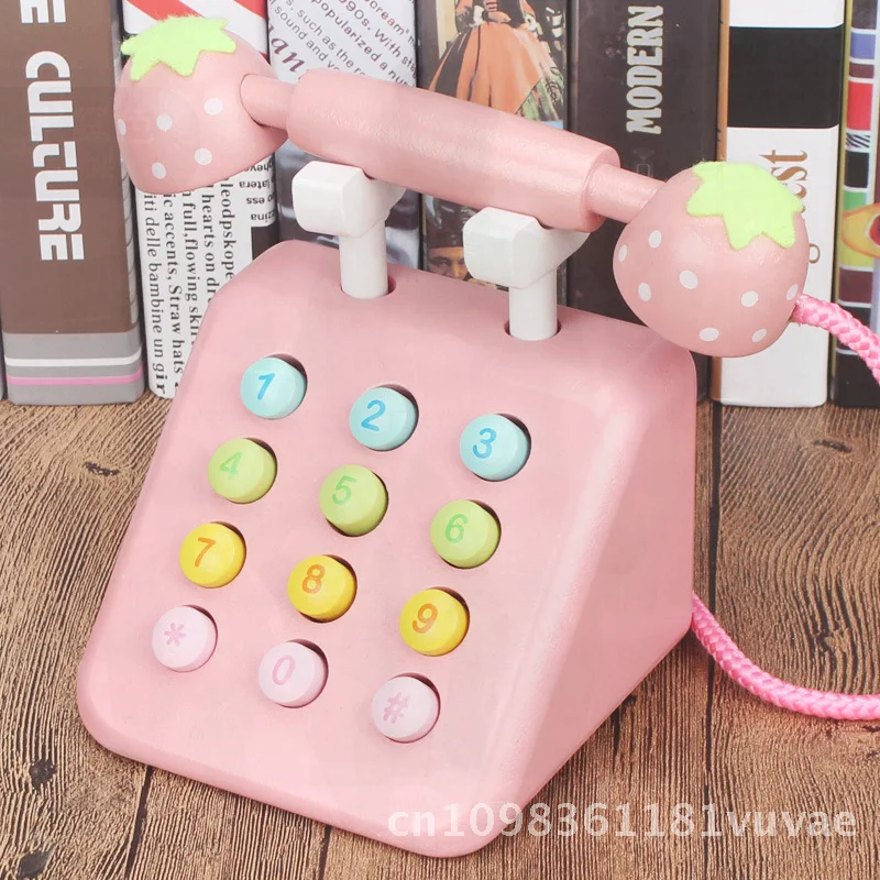 Wooden Simulation Telephone Play House for Kids Early Education Parent-Child Interaction Toy Blue/Pink/Red Natural Wood Color