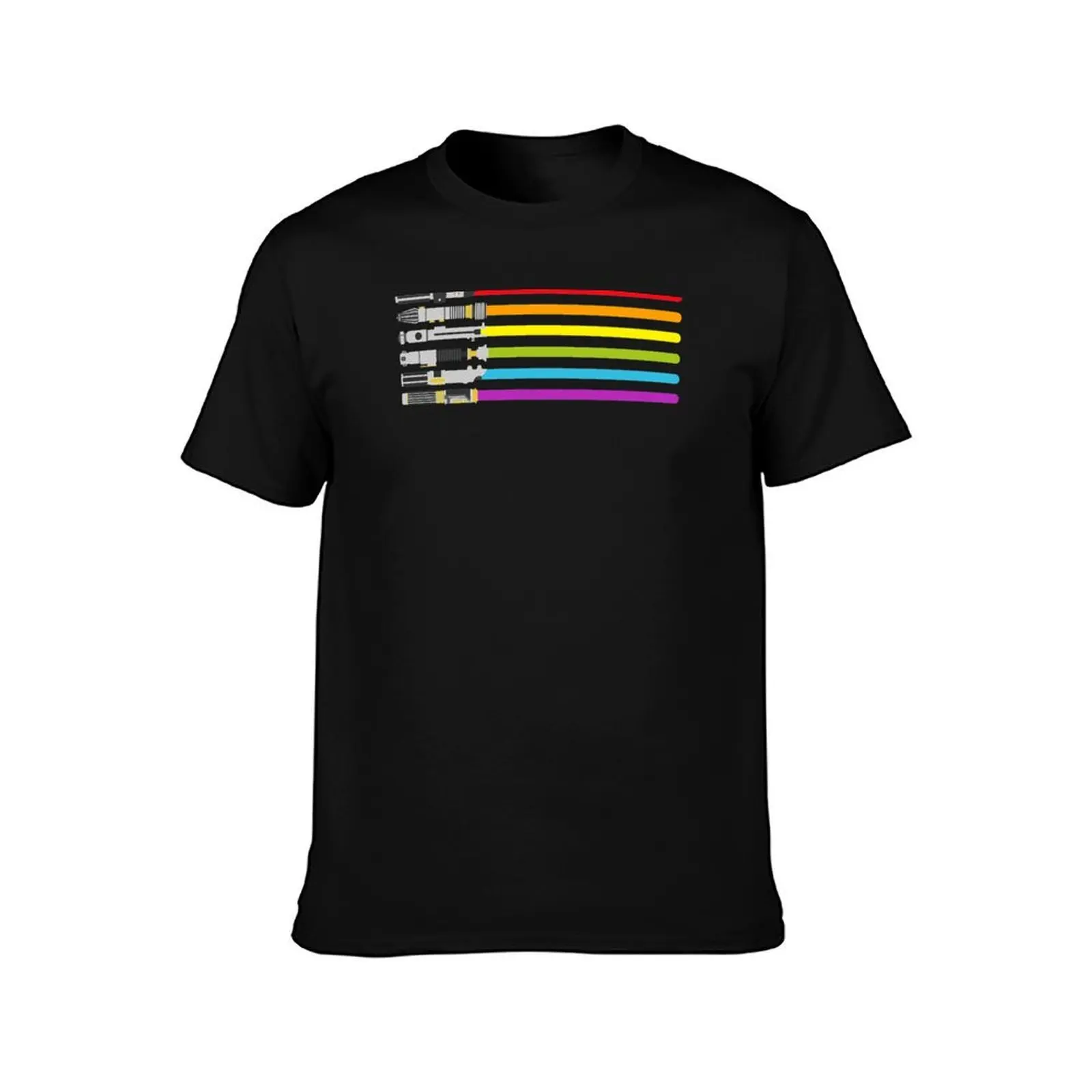 Lightsaber Rainbow T-Shirt, Summer Casual Cotton Tee, Oversized Streetwear Tops, Vintage Graphic Print, Loose Fit Short Sleeve