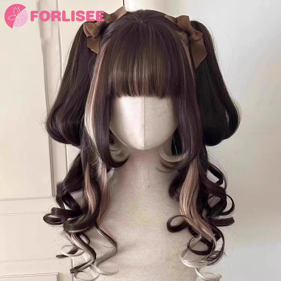 FORLISEE Synthetic Hair Long Wave brown And Pink Lolita Wigs For Women Cosplay Wig With Bangs Halloween Christmas Heat Resistant