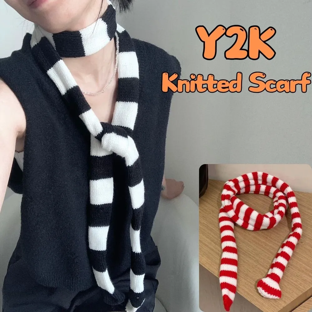 Harajuku Punk Y2k Knitted Narrow Long Scarf Fashion Grey Red Black Striped Scarves Choker Women Warm Scarf Shawl Streetwear 2024