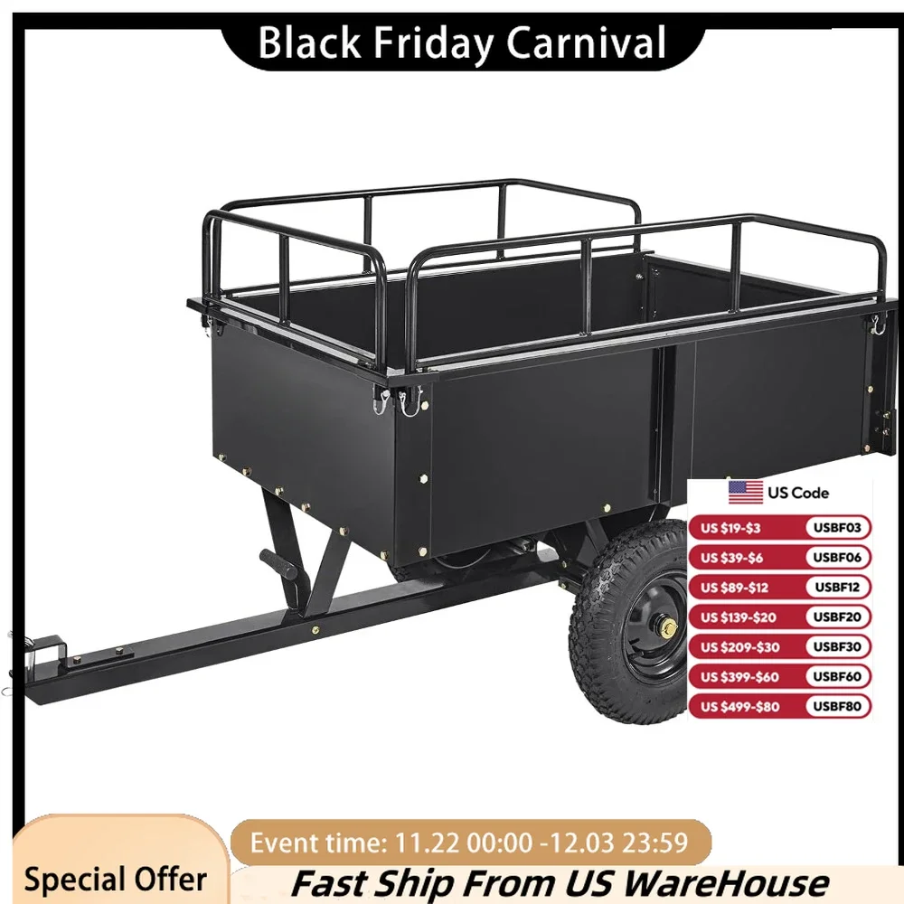 Trailer Tow Behind Dump Cart, Behind Heavy Duty Yard Garden Trailer for Lawn Mower Tractor, Garden Cart