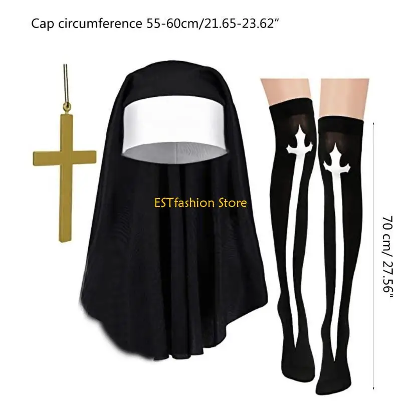 ملحق Y5GC NUN COSTUME مجموعة مع قبعة أزياء نون الكاثوليكية ، قلادة قلادة متقاطعة ، جوارب الجوارب عالية الفخذ الطباعة