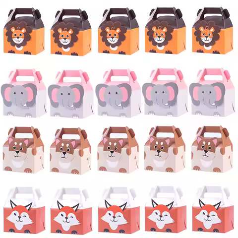 10/20pcs Safari Birthday Favors Boxes Lion Fox Elephant Zoo Animals Theme Happy Birthday Treat Boxes Candy Kids Party Decoration