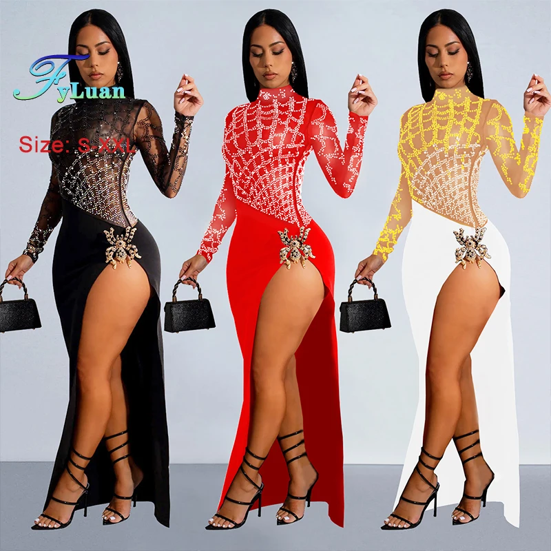 Robes 2025 nouvelle femme diamant chaud Sexy découpe à manches longues fentes robe de soirée Occasion formelle fête soirée cérémonie fille robe