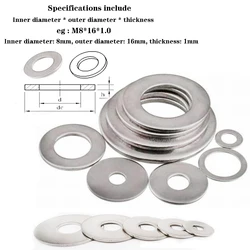 Rondelles unies en acier inoxydable 304, grand joint métallique, grande taille, M1.6, M2, M2.5, M3 figuré, M5, M6, M8, M10, M12, M14, M18, 5 pièces, 25 pièces, 50/100 pièces