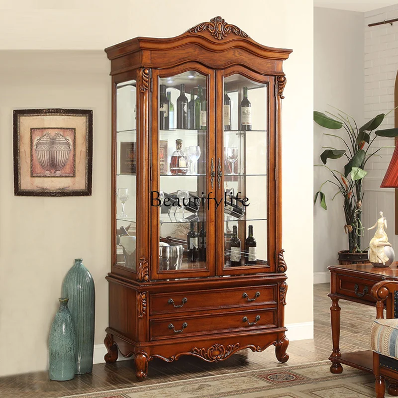 American-Style Solid Wood Single and Double Door Wine Cabinet Living Room European-Style Carved Two-Door Display Wine Cabinet