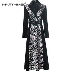 MARYYIMEI Autumn and Winter Women's Dress Notched Long-Sleeved Sequins Embroidery Design Lace-Up Velvet S-3XL Dresses