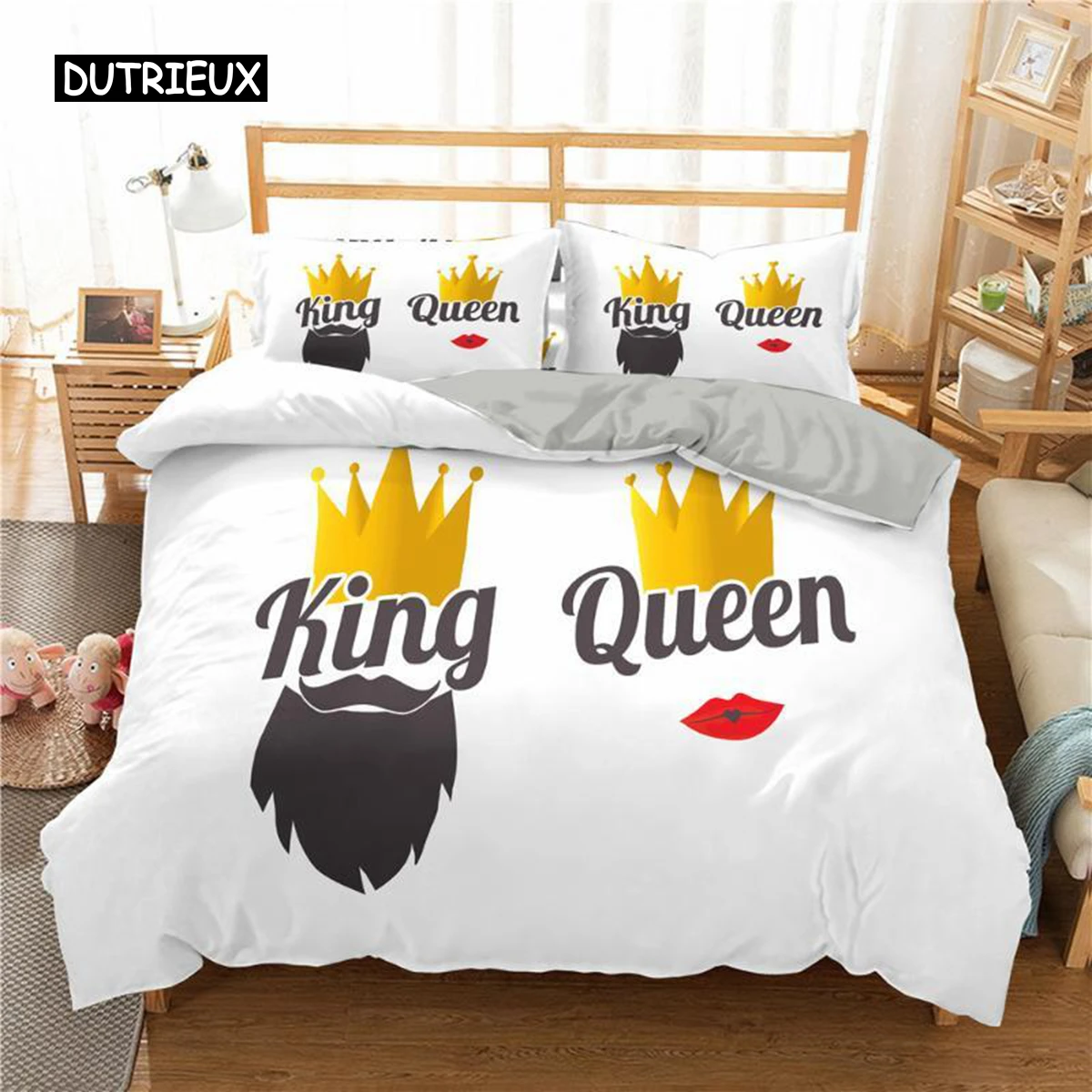 

King And Queen Duvet Cover Set Microfiber Beard And Red Lips King Size Bedding Set For Couple Romantic Valentine's Day Presents