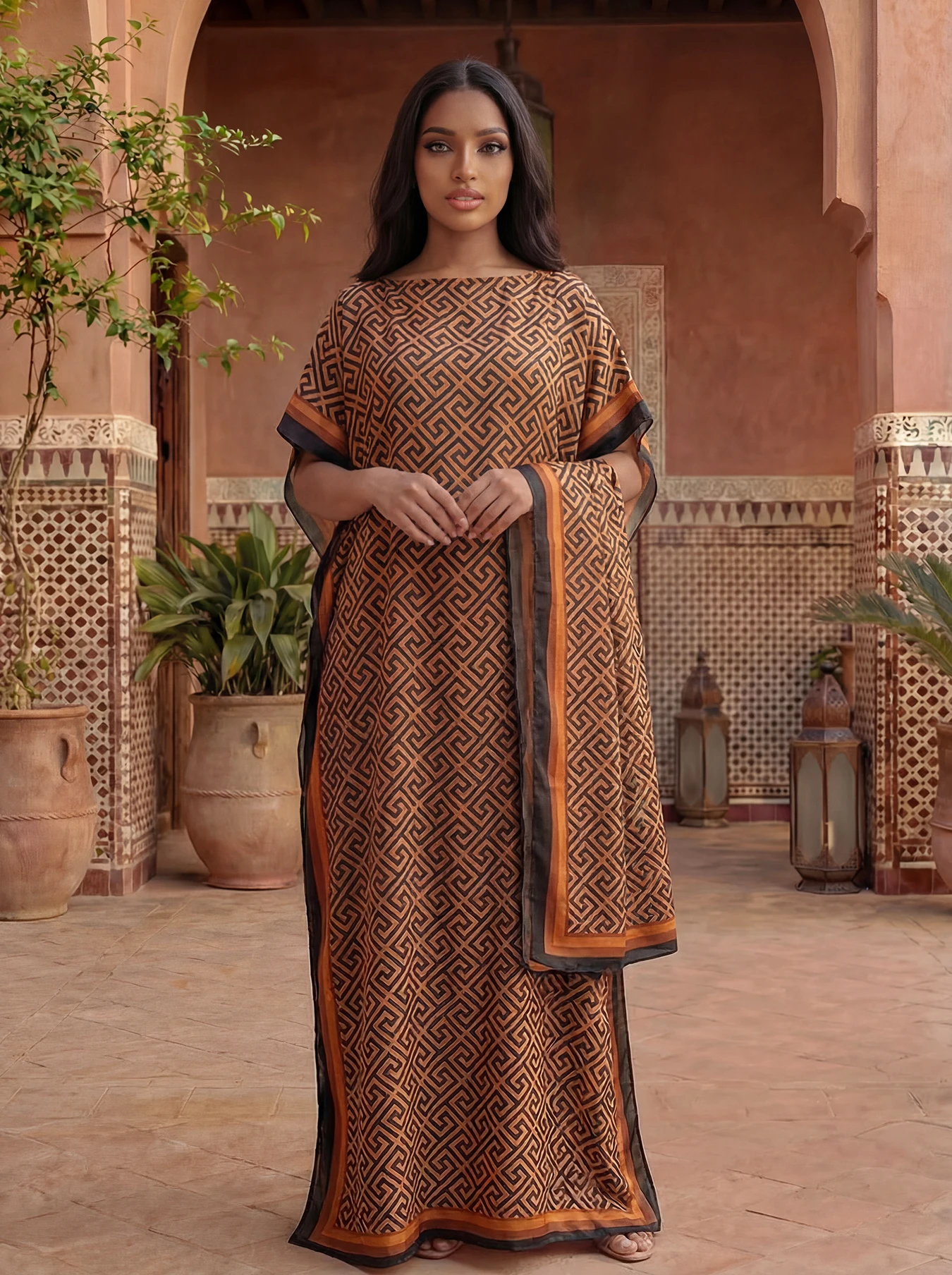 

2026 New Style Fashion Oversize African Women Clothing Dubai Dashiki Abaya Folral Print Design With Scarf Loose Long Dress Scraf
