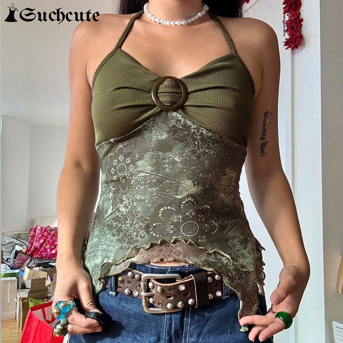 SUCHCUTE Boho Vintage Print Crop Tops Fairycore Grunge Sexy Backless Hemdje voor Vrouwen Harajuku Onregelmatige Halter Hals Vest Y2k