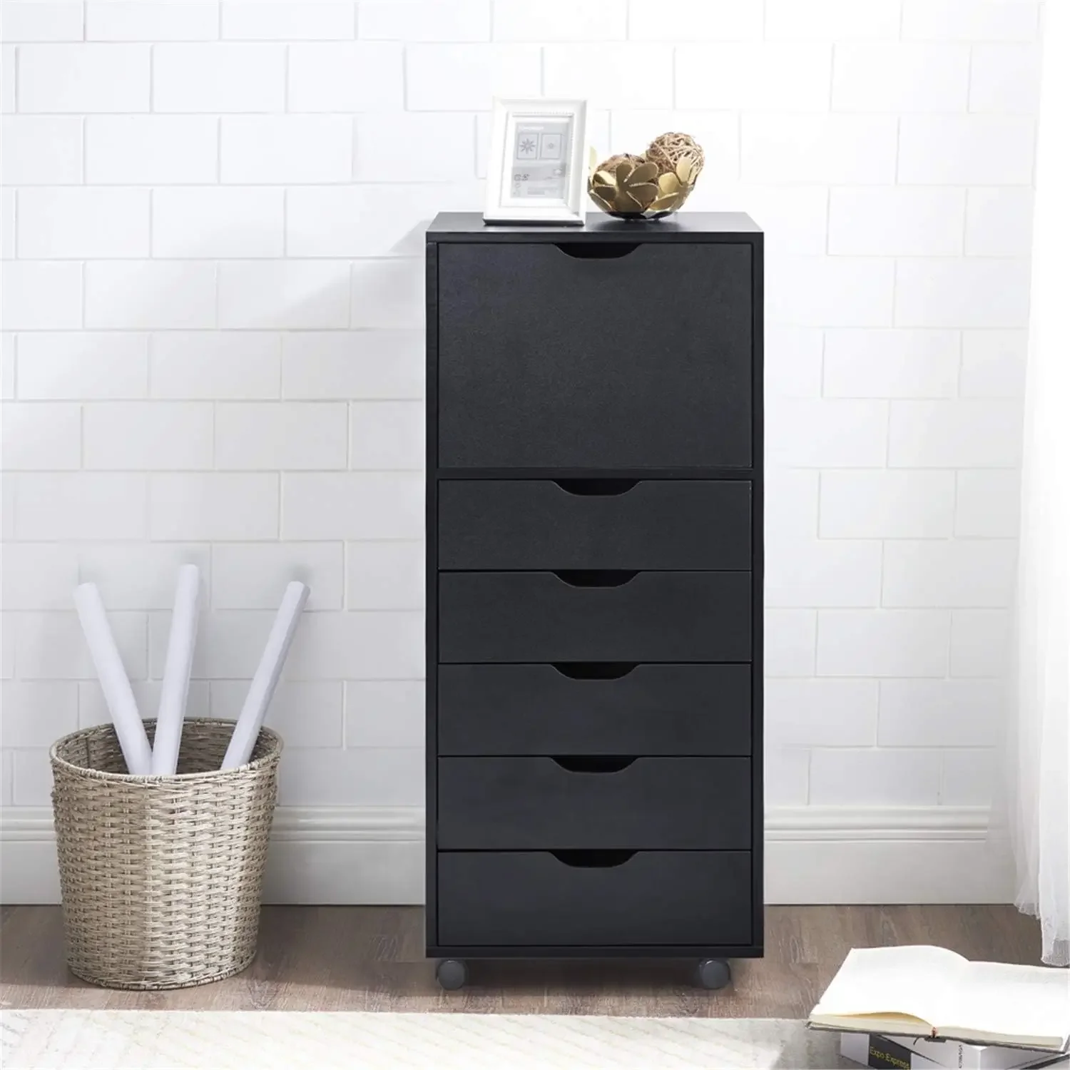 for Office, Craft, and Clothing Storage! Carly Tall Design 6-Drawer Black File Cabinet on Wheels: Elevate Your Organization with