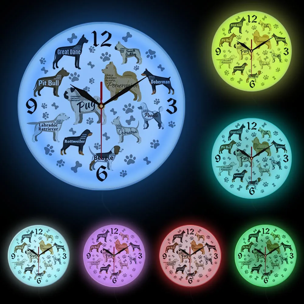 Dog Breeds Printed Wall Clock Dog Paws Dog Bones Puppy Dogs Modern Wall Watch Nursery Kid Room Wall Decor Animal Dog Lover Gift