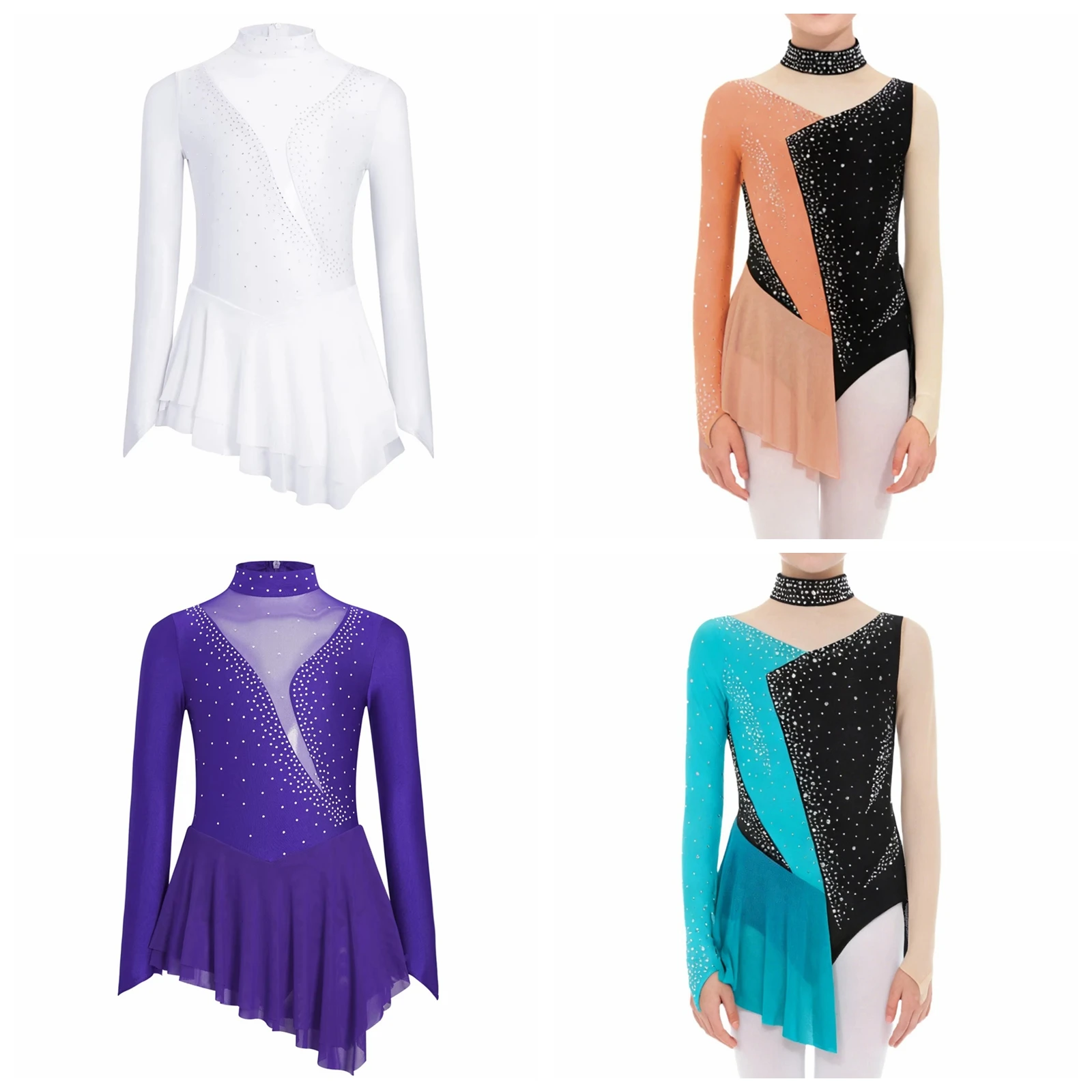 Girls Tutu Figure Ice Skating Rhinestone Dancewear Ballet Dress Children Gymnastics Lyrical Dance Costume Skirted Leotard Dress