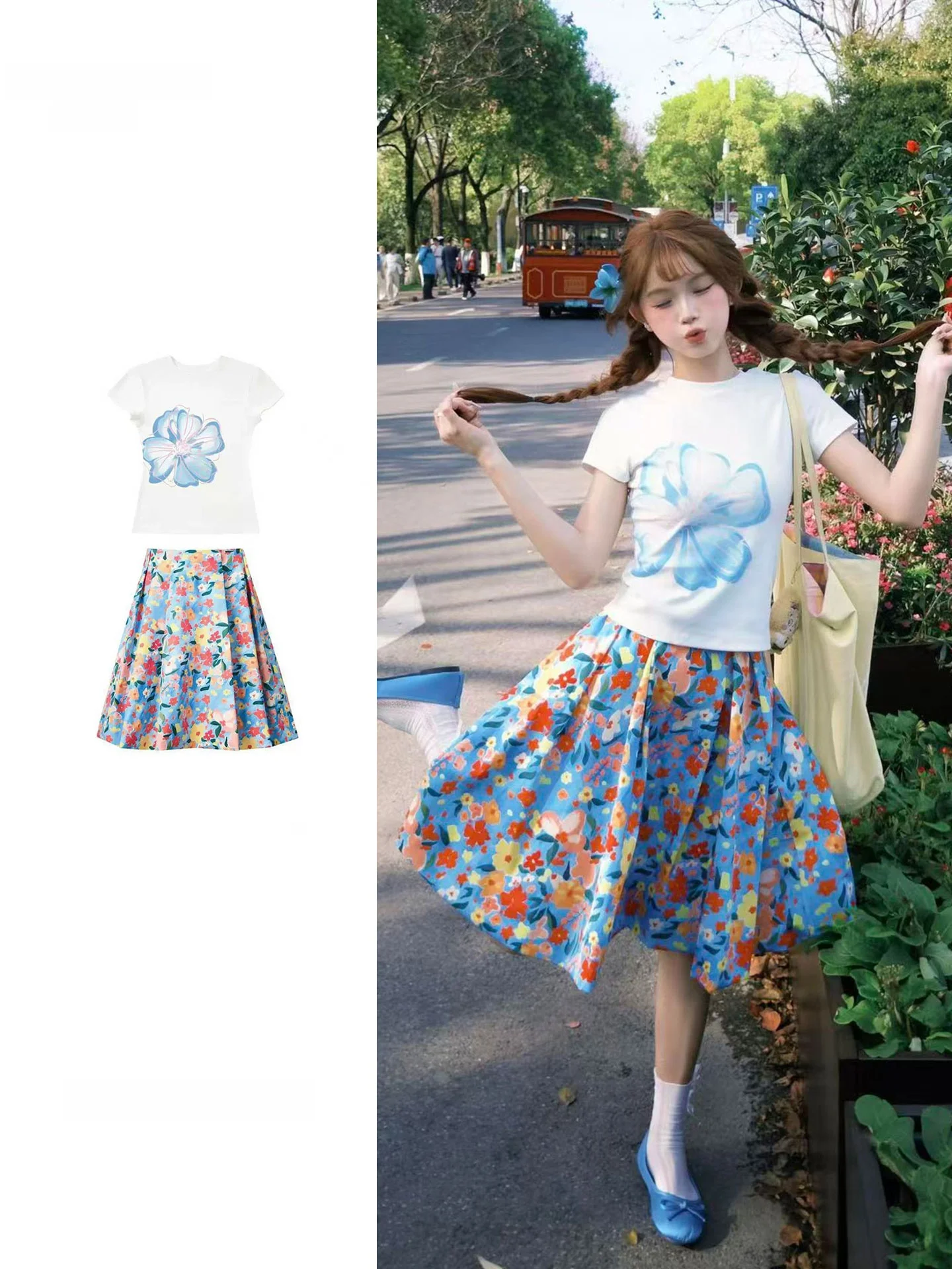 

Summer Floral Print Short Sleeve T-Shirt And Half Skirt Set Women's Beachwear plus Size Dopaamine Clothing Elastic Fabric