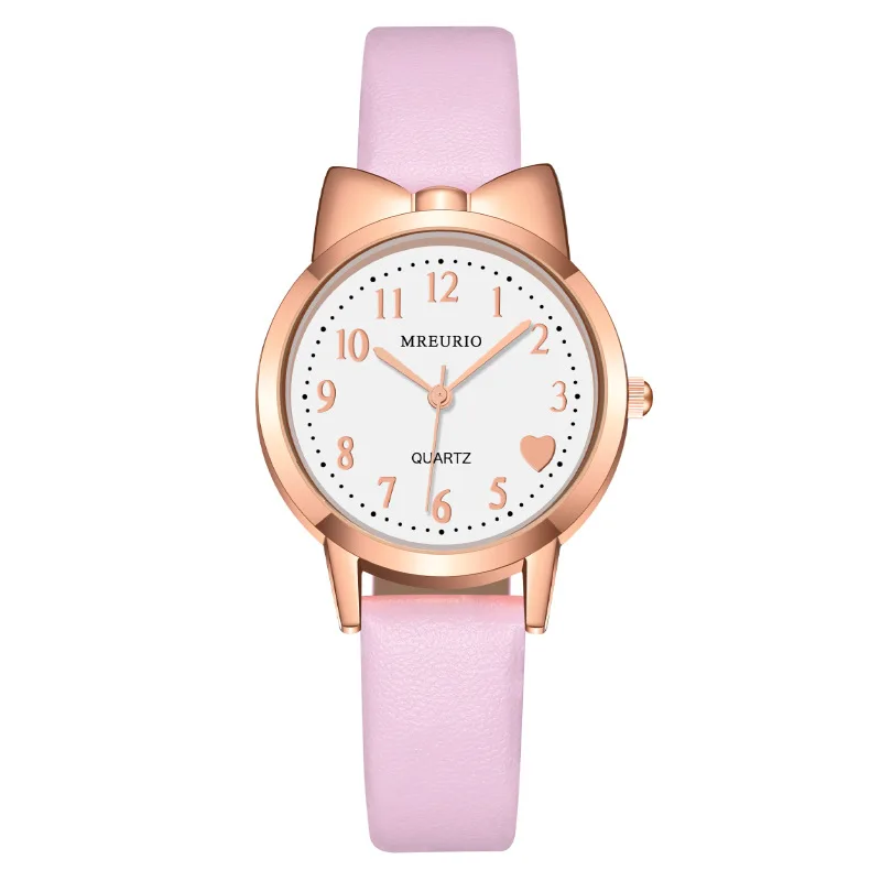Popular Kids Girls Quartz Watch Cute Leather Strap Bow Heart Numbers Student Ladies Watch Female Watches Casual Daily Wear Girl