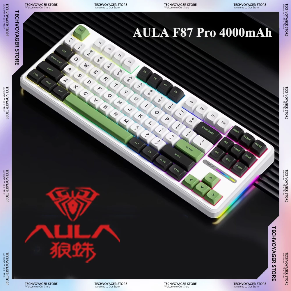 AULA F87 Pro Mechanical Keyboards Grey Wood Switch Agile Switch Three Mode Keyboard RGB Side Light Hot Swappable 87 Key for Game