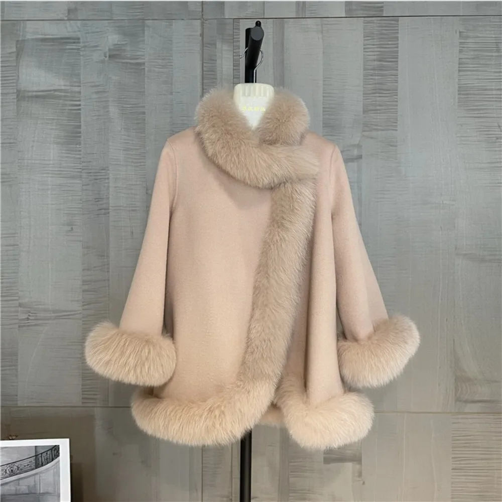 OFTBUY Real Fox Fur Collar Cloak Coat White Wool Coat Women Elegant Real Fur Coat Natural Fox Fur Jacket  2024 Warm Oversize