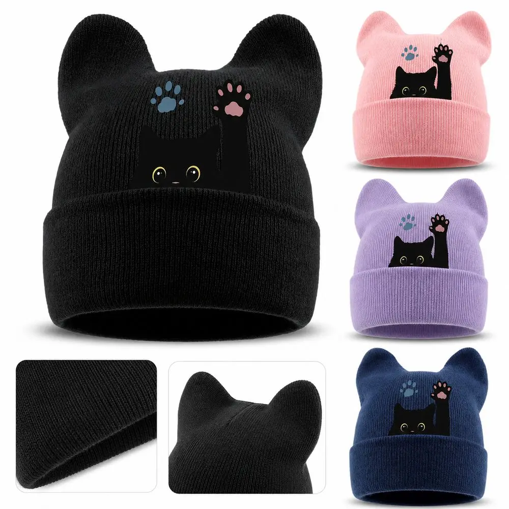New Knit Cat Ear Beanie Hat Y2K Harajuku Stretchable Winter Knit Hat Punk Gothic Brimless Skull Cap Women and Men