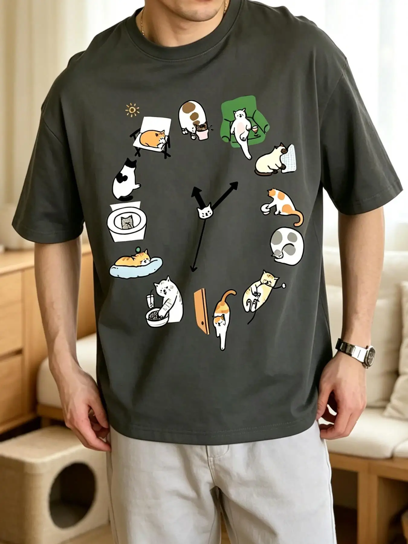 Cute Cat Alarm Clock Printing Men T-Shirt O-Neck Casual Short Sleeve All-Match Cotton T Shirt Oversized Summer Sportswear