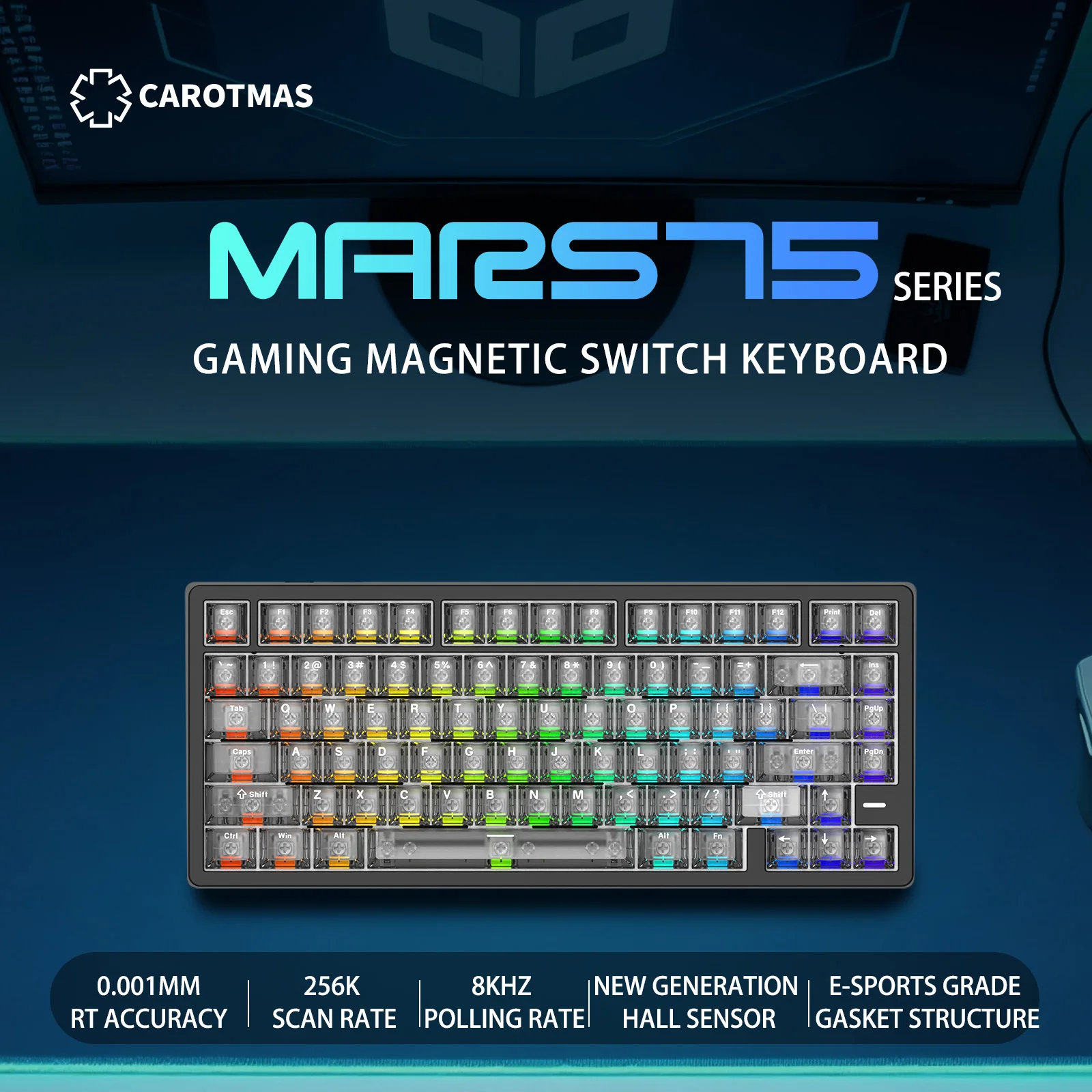 

Игровая клавиатура CAROTMAS Mars75/68 pro с магнитным переключателем, 0,001 мм, механическая клавиатура с быстрым триггером, горячая замена, SOCD Wried/Wireless/Bt