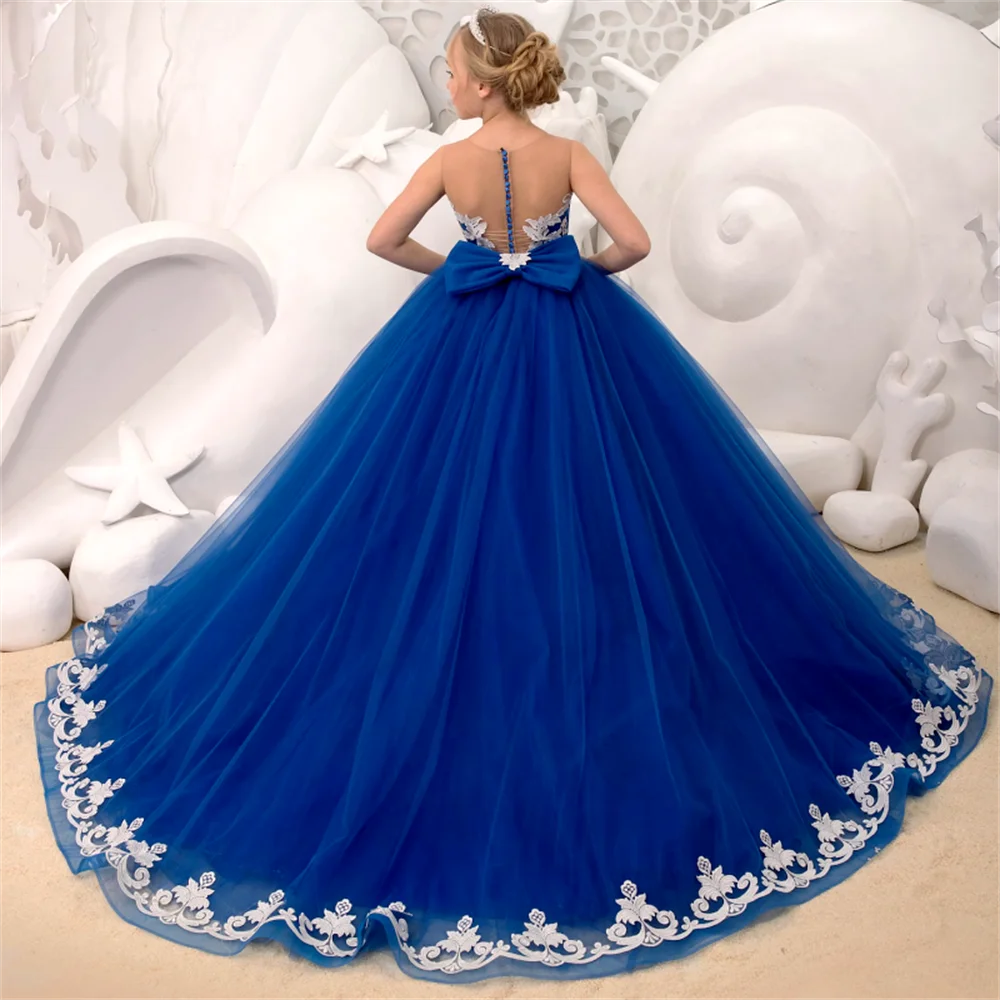 Branco apliques azul real vestidos da menina de flor tule com arco sem mangas para festa de aniversário de casamento banquete vestidos de princesa