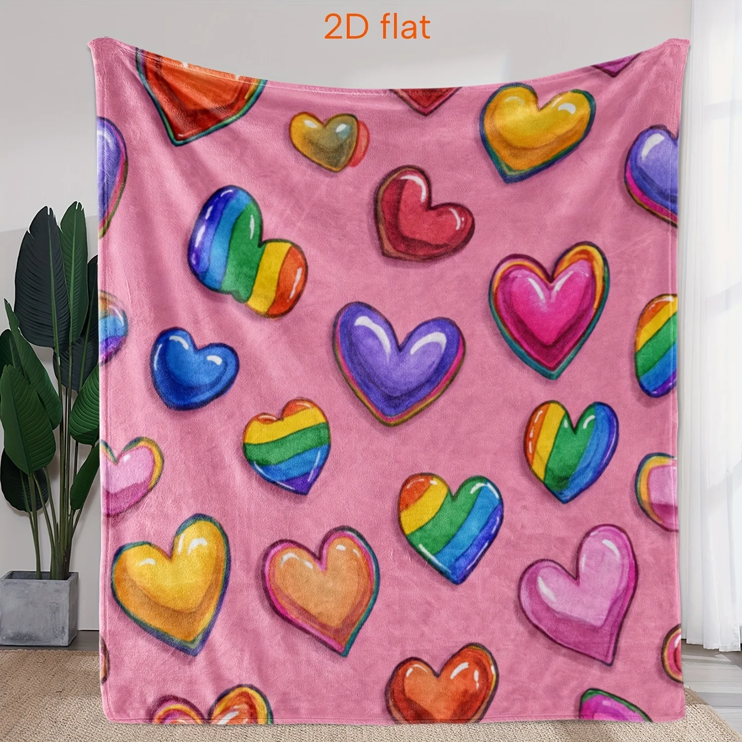 1 manta de franela Zeal Lily Rainbow Heart - rosa con corazones pastel multicolores (arcoíris amarillo azul púrpura verde naranja