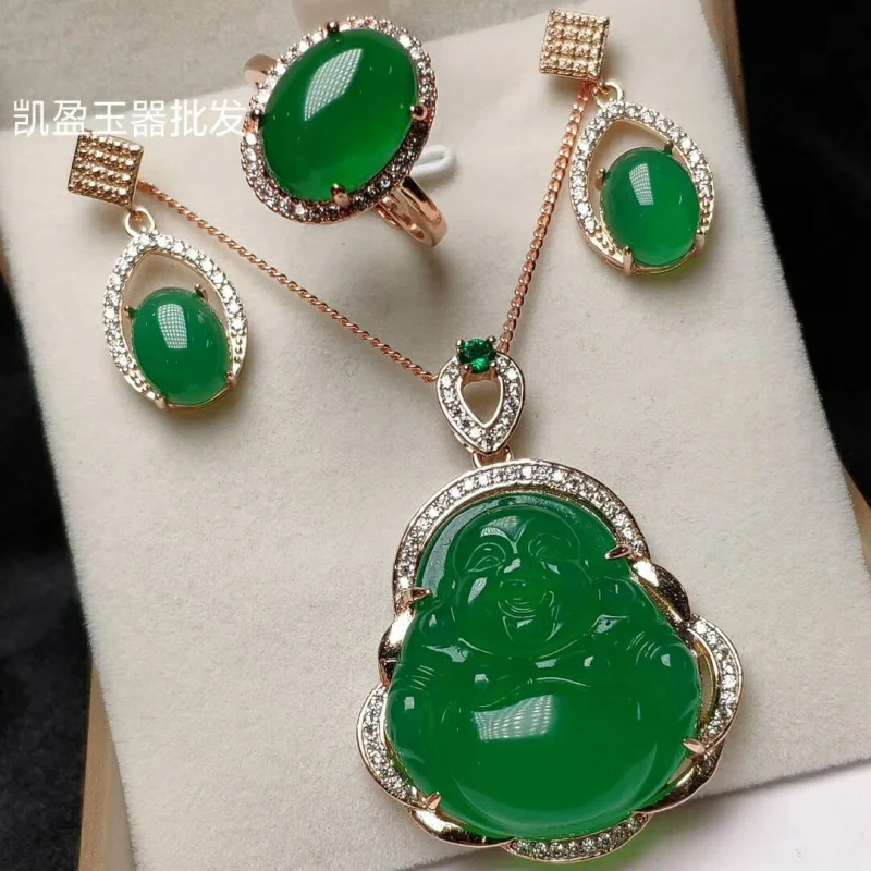 High-quality rose gold inlaid chalcedony Buddha , green agate earrings and ring three-piece set