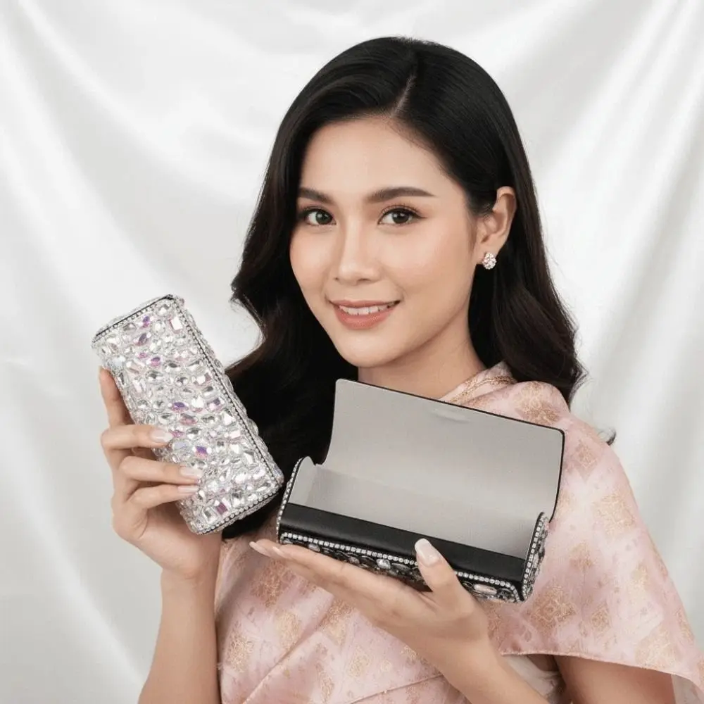 

Portable Rhinestone-inlay Glasses Case Leather Shiny Eyewears Storage Box Dust-proof Large Capacity