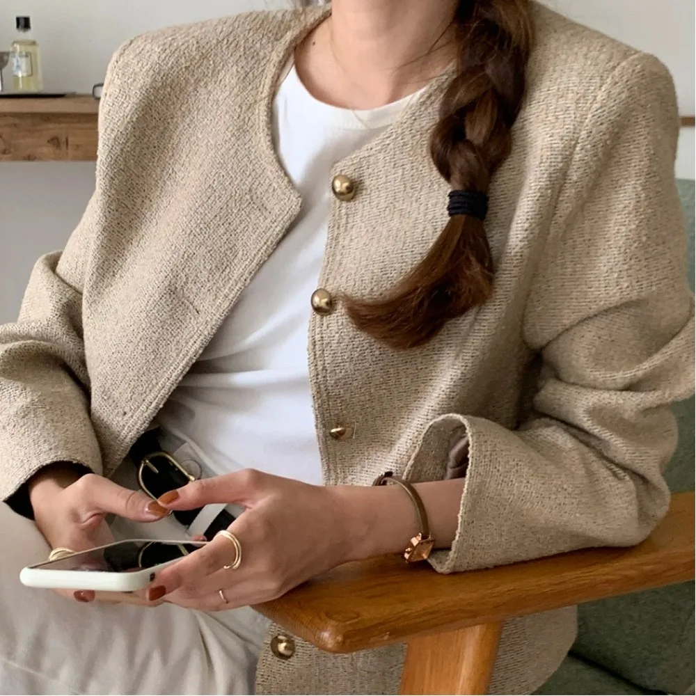 Vintage England Style Single Breasted Jacket Coat round Collar Short Outerwear for Women Spring Autumn Female Blazer