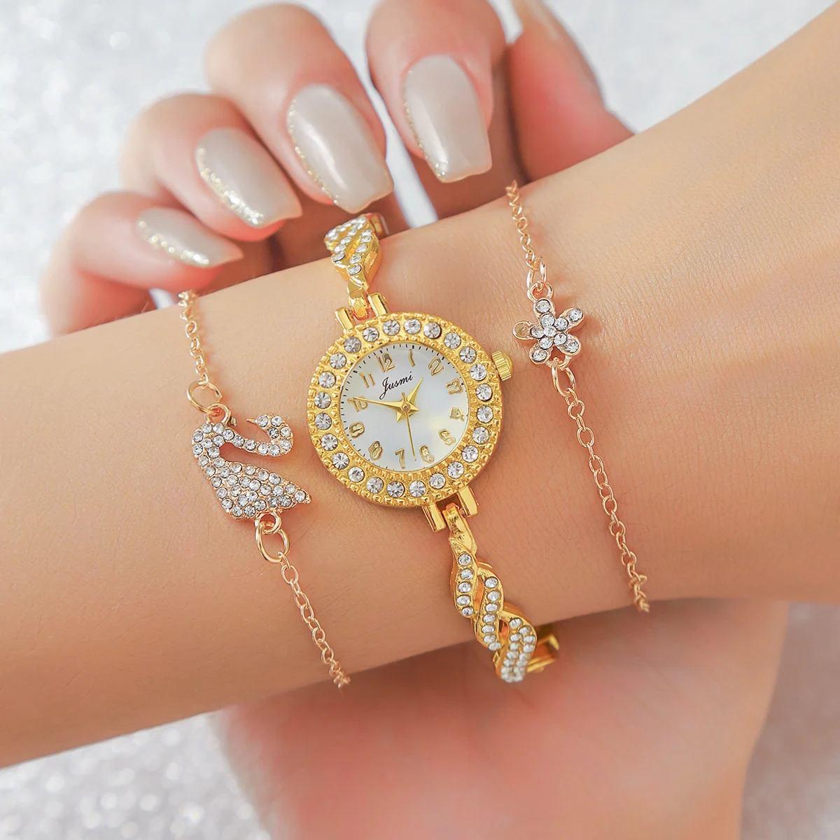 ساعة كوارتز بحزام فولاذي بقرص ماسي مستدير جديد للسيدات، سوار بجعة على شكل زهرة ماسية عصرية، عطلة نبيلة وجوية