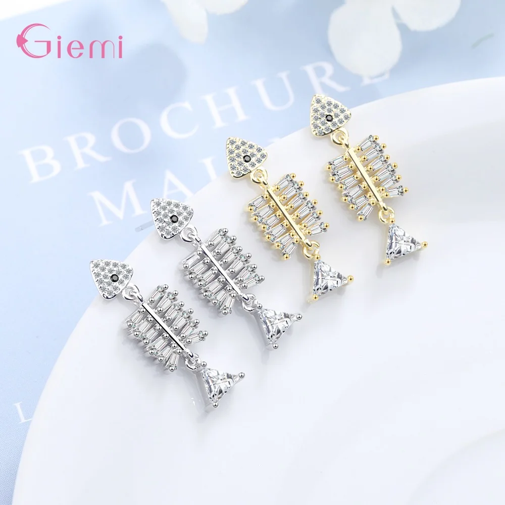 Novel Models Genuine 925 Sterling Silver Fish Bones Shape Dangle Earrings For Women Girls Sparkling Crystal Dangle Earrings