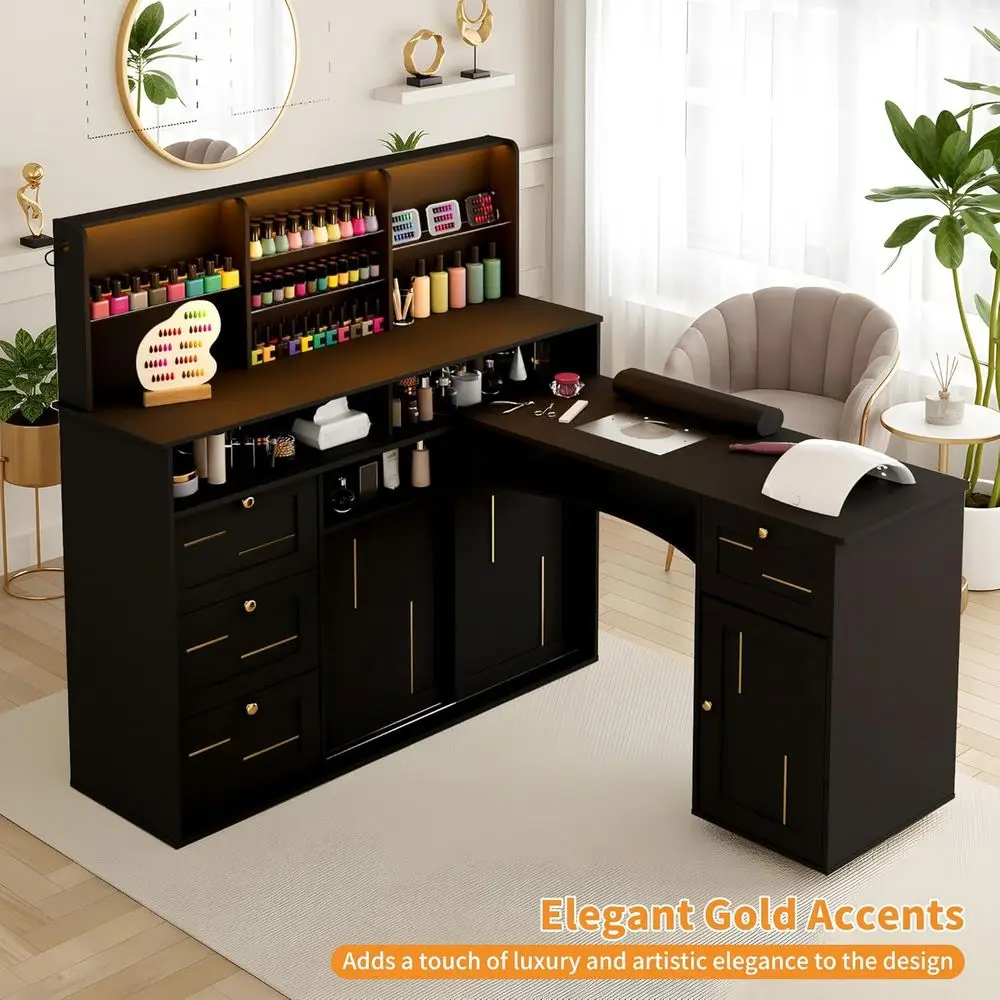 Manicure Table with Dust Collector, L-Shaped Nail Desk with Mobile Desktop, LED Light, Glass Display Rack, Storage Cabiand Ders view 6