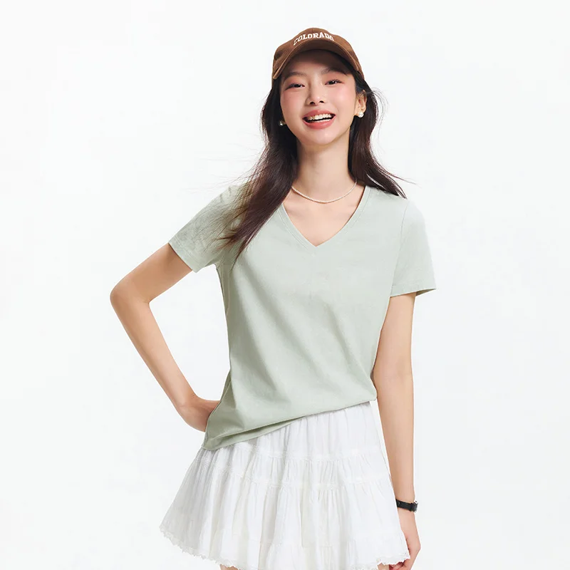 

Semir Short Sleeve T-Shirt Women Moisture Wicking Shoulder Fit Versatile 2025 New Summer Antibacterial V Neck Basic Top