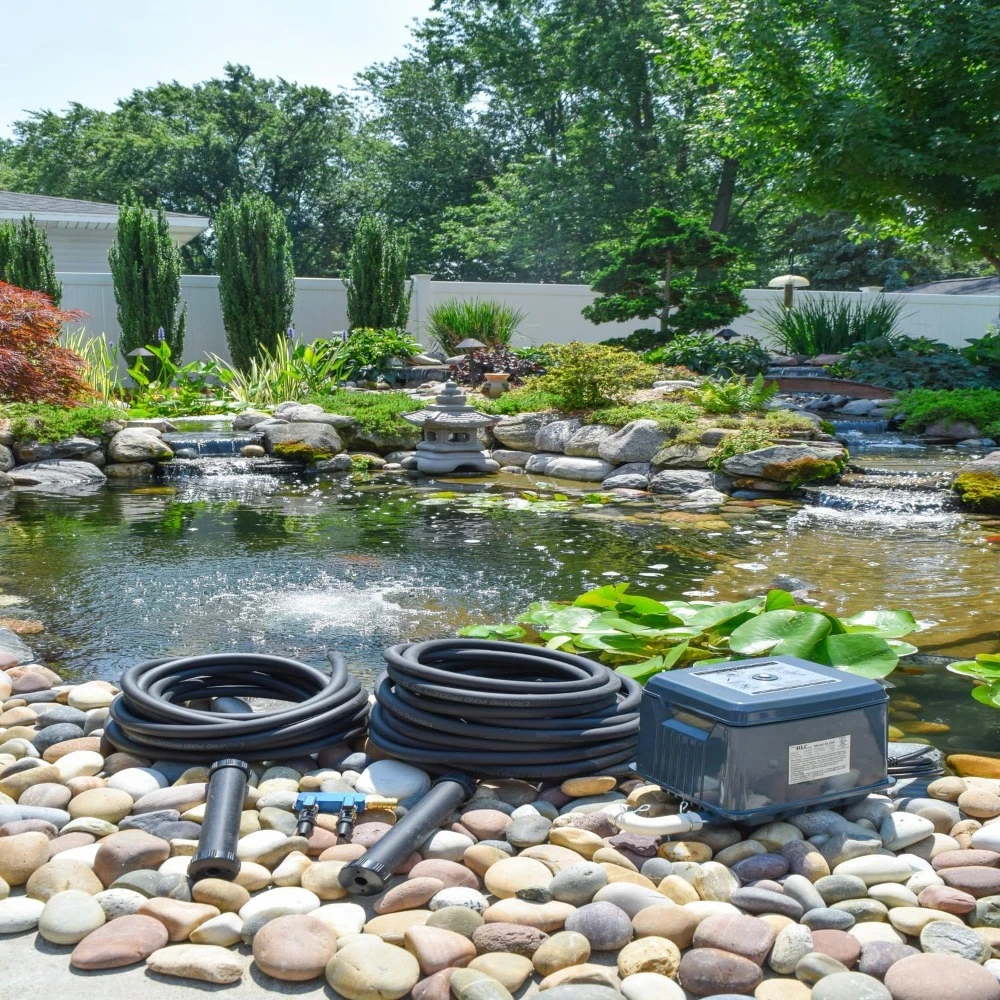 

LA2 KLC Koi Pond Aeration Kit 2000-15000 Gallon Pond Dual Linear Diaphragm Compressor 50’ of ⅜” Quick Sink Tubing Rubber