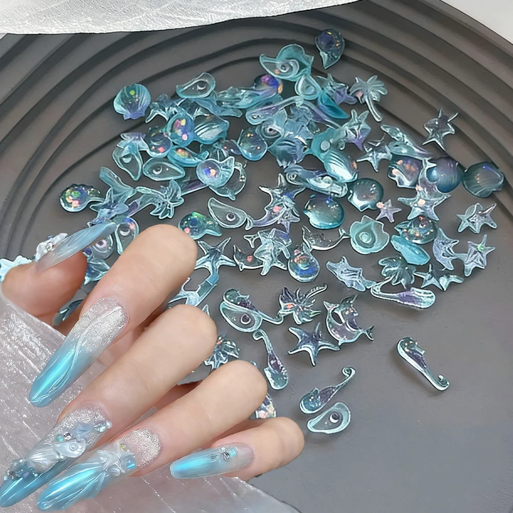 50Pcs 3D Aurora Blue Shell Starfish Nail Charms Mix Seahorse,Dolphin,Conch Coconut Tree Nail Art Decorations Ocean Manicure Part