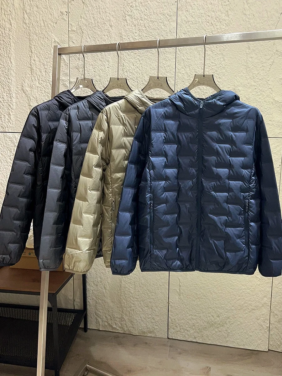 

High Quality Seamless Taped 90 down Thin Men's Autumn Winter Anti Wind Warm Hooded Jacket Polyester Fiber Casual Style
