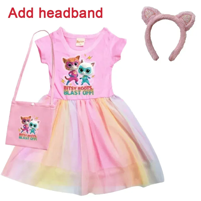 Sky03 Vestido de cosplay para niñas, vestidos de súper gatitos con bolsa y diadema para disfraz de supergatitos, manga corta para niñas 55Hu %