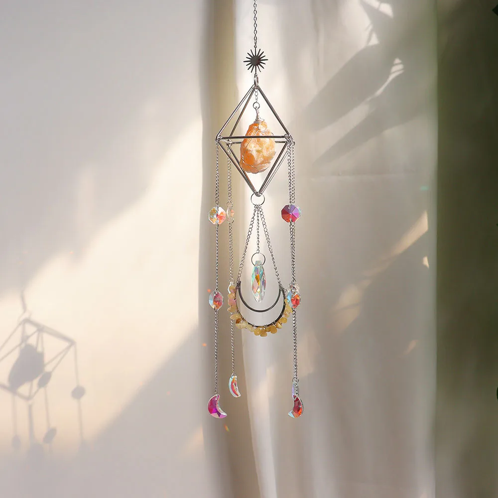 Custom Silver Geometric Frame Raw Yellow Calcite Stone Crystal Sun Catcher - Glass Pendants Hanging Ornament for Window Decor