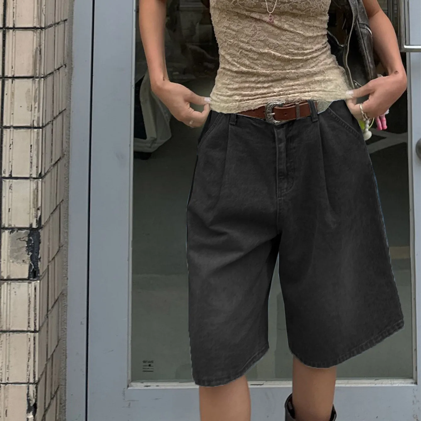 Fashion Women Denim Shorts Y2K Vintage Knee Length Shorts Loose Summer Casual Shorts Bottoms Retro High Street Wear