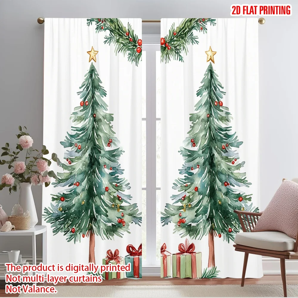 2pcs,2D plane printing Window Curtain Christmas Trees Snow Gift (3) Polyester Fabric (without rod) Decorations For Home Perfect