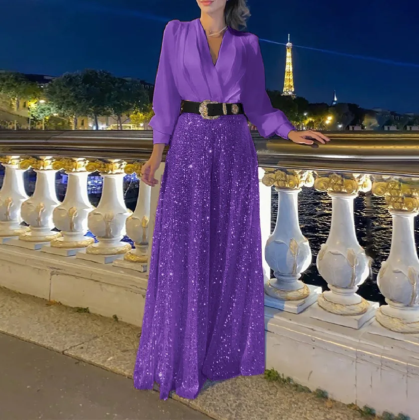 jumpsuit Women Spring Autumn, High-end V-neck Long Sleeved Shirt, Elegant Temperament, Cinched Waist, Sequins, French Wide Legs