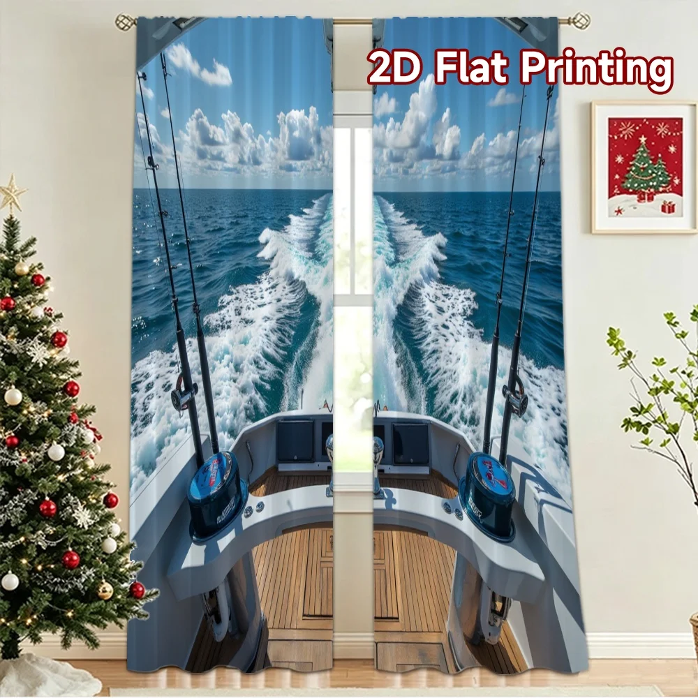 2D flat 2pcs Curtain French Romantic Style Ocean Wake Fishing Boat Digitally printed polyester Party & Holiday Decor for Holiday