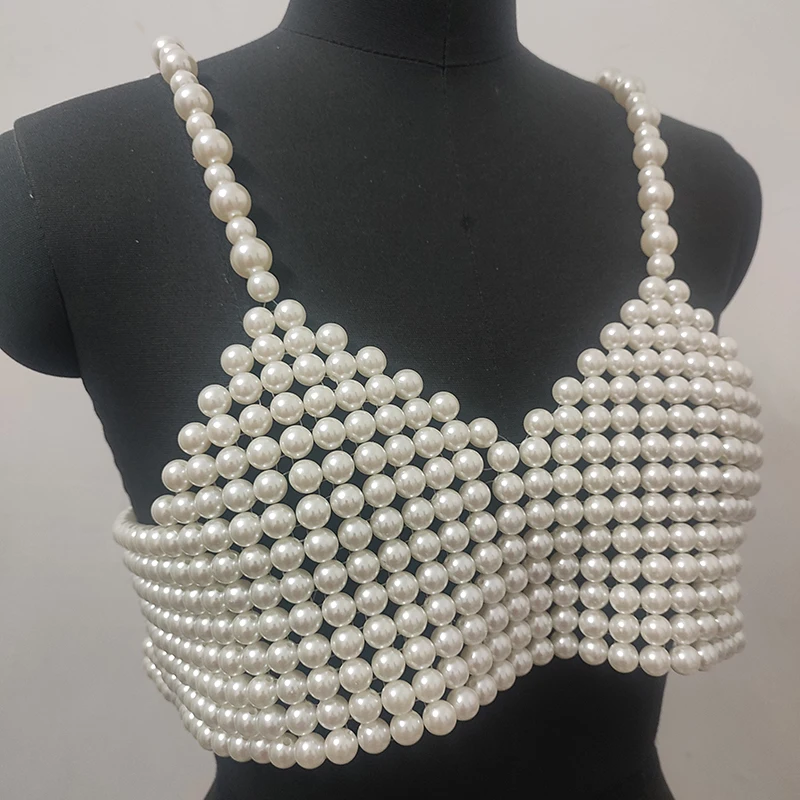 Winter Women's Handmade Pearl Top Wear Street Stylish Beading Vest New Trendy Body Jewelry Elegant Harness For Ladies