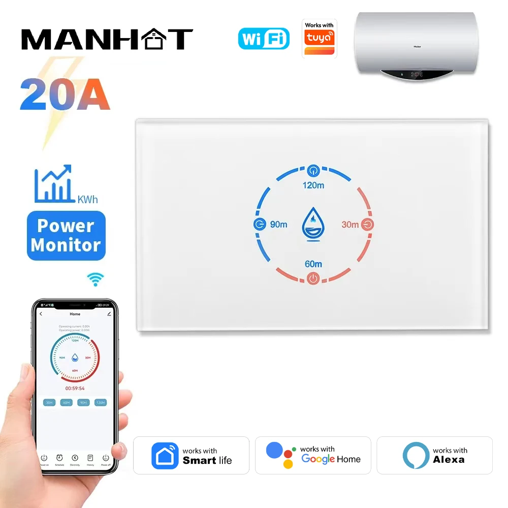 Smart Boiler Switch For Tuya WiFi with Energy Monitoring Smart Water Heater Switch 20A/40A US Standard APP Control Google Home