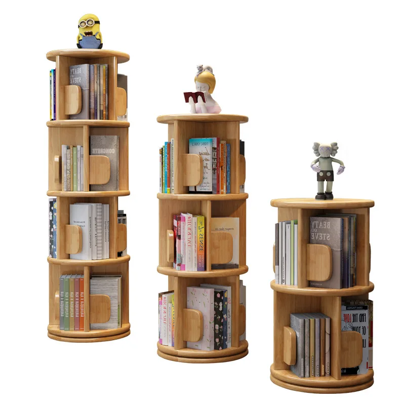 Solid wood rotating bookshelf floor-to-ceiling space-saving children's picture book storage rack simple small bookcase simple