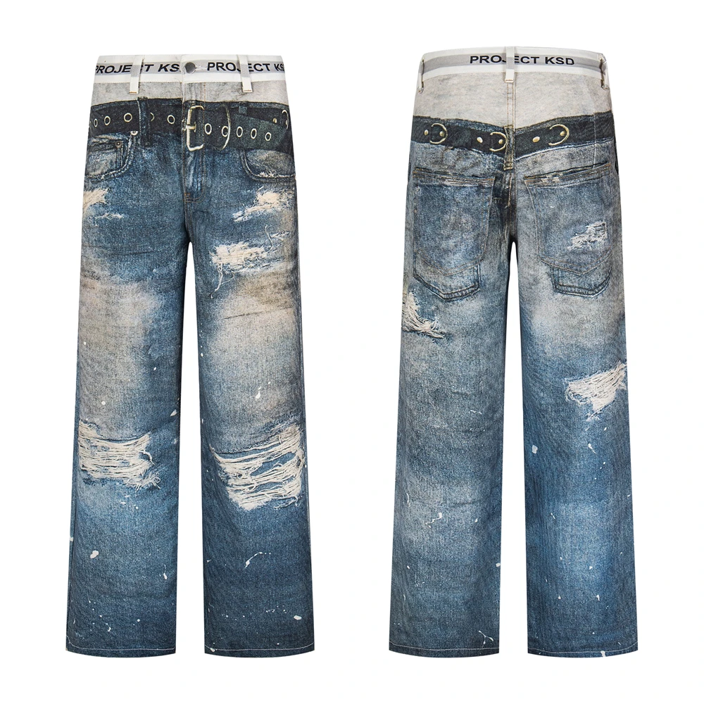 

Double Waist Print Project G/R Jeans Men Women Vintage Blue Splash-Ink Damaged Hole Denim Pants Straight-Leg Trousers