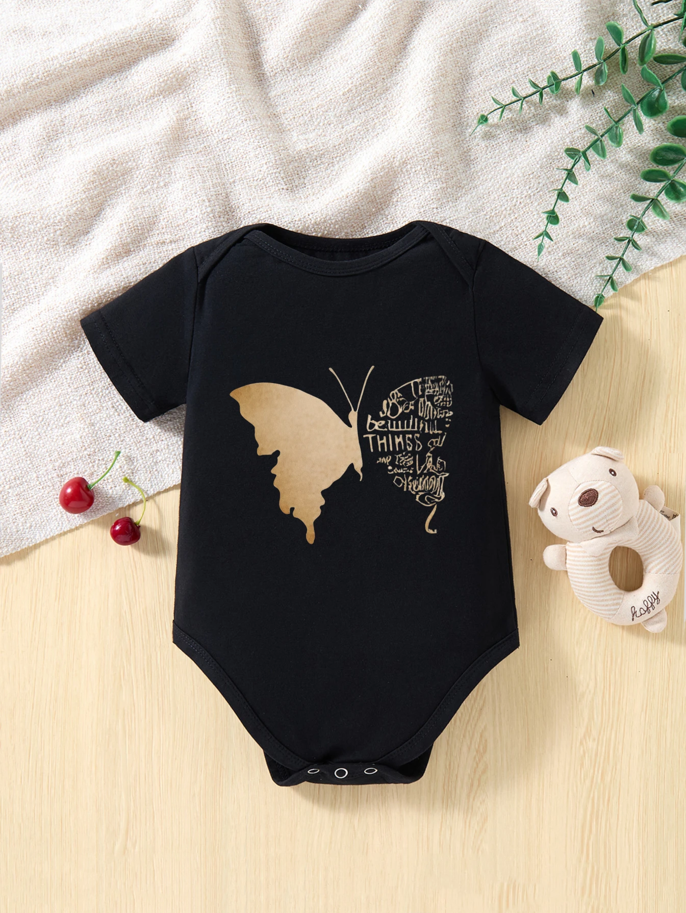 

​Infant Romper Short Sleeve Golden Butterfly with Inspirational Quote Text for Boys Girls Bohemian Style​