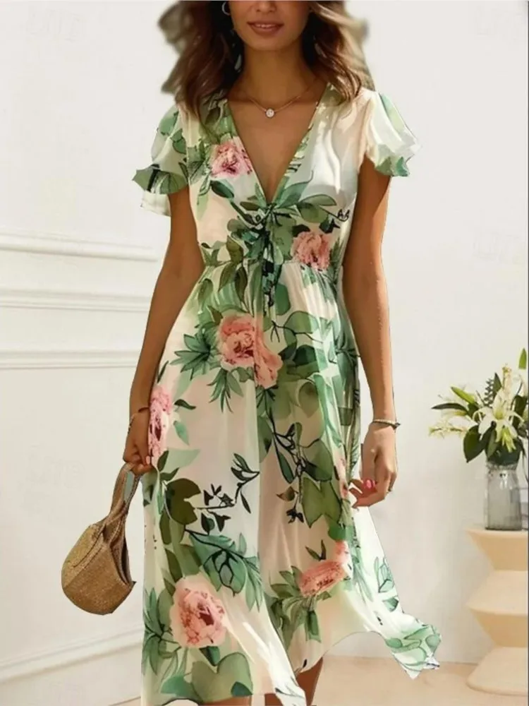 

Fashion Floral Print Lace-up Midi Dresses 2025 Summer Sexy Deep V Neck Short Sleeves Party Dress Women Elegant Bohemian Dress